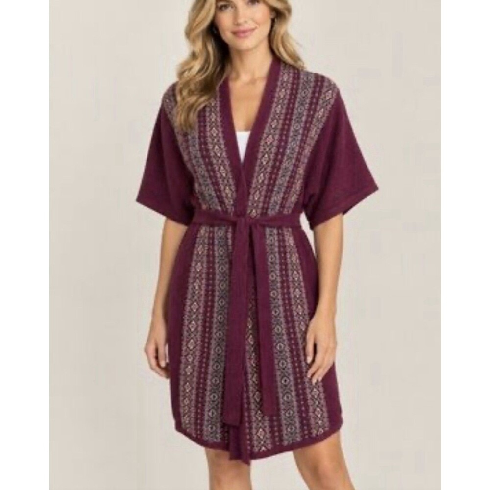 Lauren Ralph Lauren Women S/M Burgundy Fair Isle Belted Cardigan Cashmere Wool